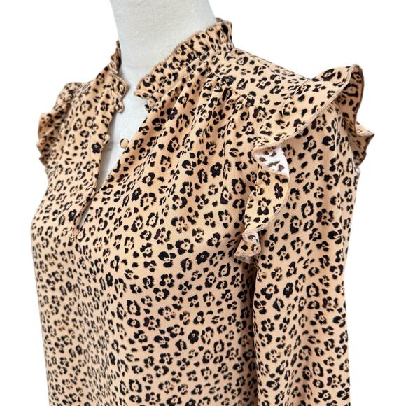 Rachel Parcell Leopard Animal Print Long Sleeve Ruffle Shoulder V-neck Blouse - Picture 8 of 15